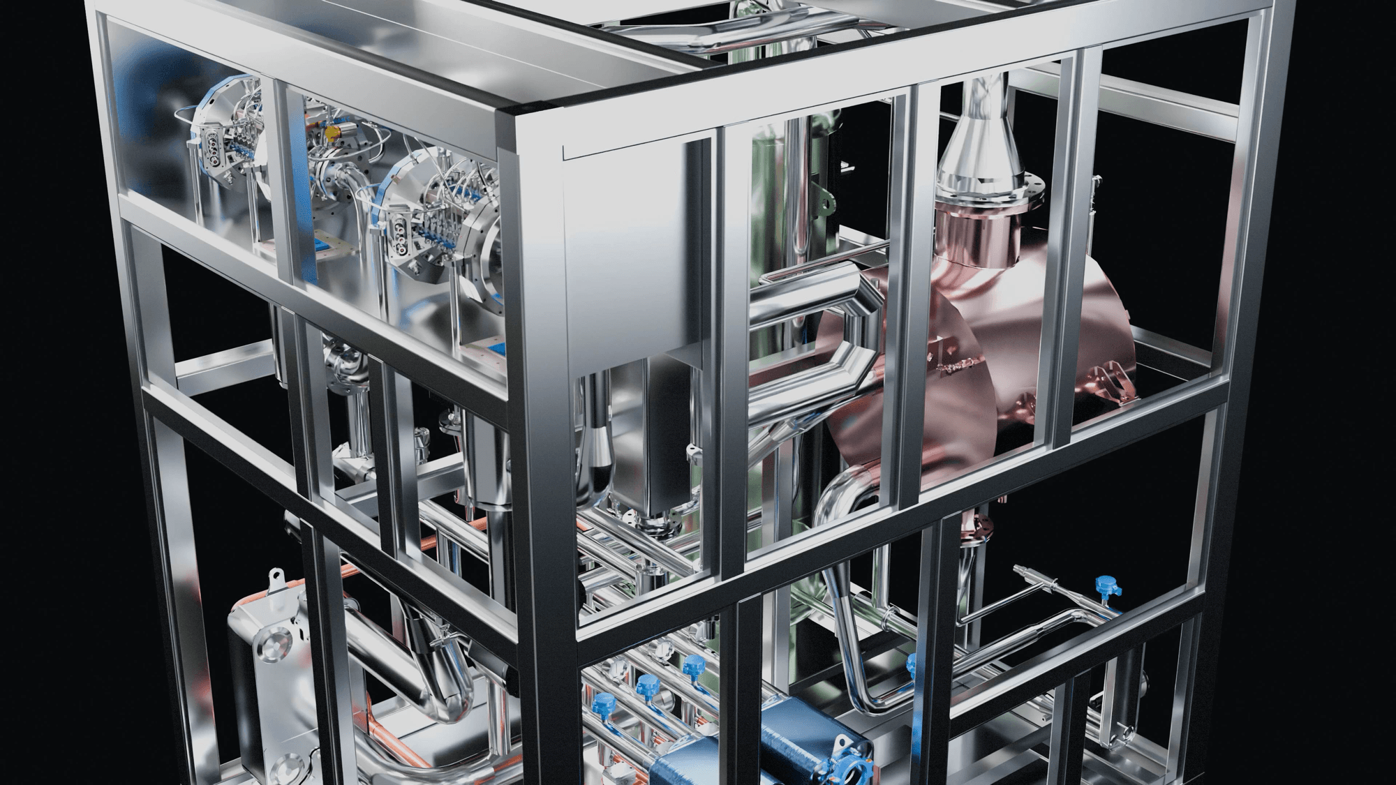 New 3D render of the open Kickstart high-temperature heat pump showing pipework and components